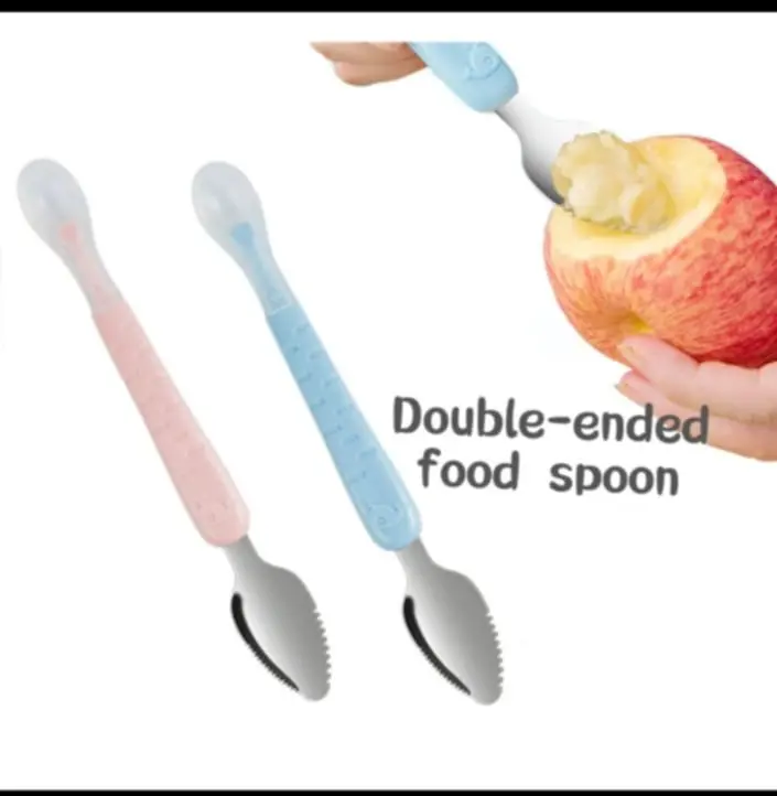 Picture of 2 In 1 Children's Baby Feeding Spoon Baby Scraper Apple Puree Spoon Set Complementary Food Scraper Double-headed Stainless Steel Fruit Puree Tool