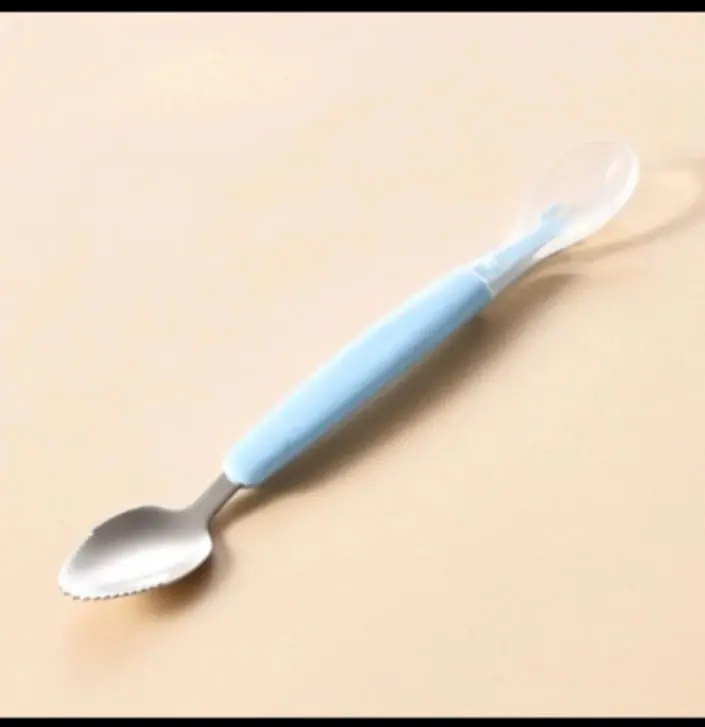 Picture of 2 In 1 Children's Baby Feeding Spoon Baby Scraper Apple Puree Spoon Set Complementary Food Scraper Double-headed Stainless Steel Fruit Puree Tool