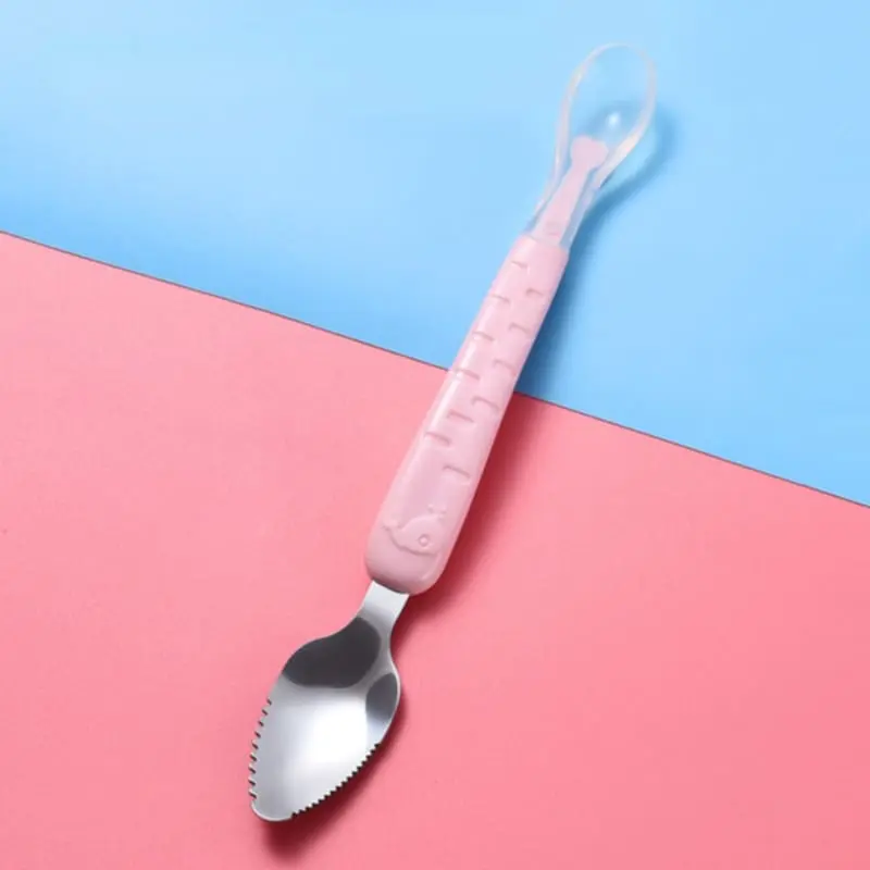 Picture of 2 In 1 Children's Baby Feeding Spoon Baby Scraper Apple Puree Spoon Set Complementary Food Scraper Double-headed Stainless Steel Fruit Puree Tool