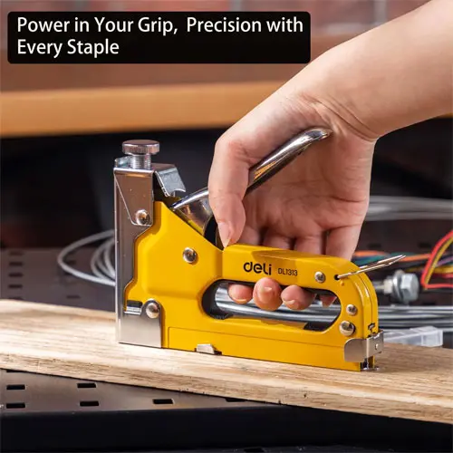 Picture of Deli DL1313 Staple Gun 3 in 1 Heavy Duty Stapler with Remover Quick Jam Release Steel Construction Tool for Wood Upholstery Fixing Material Decoration Carpentry Furniture - Yellow