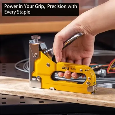 Picture of Deli DL1313 Staple Gun 3 in 1 Heavy Duty Stapler with Remover Quick Jam Release Steel Construction Tool for Wood Upholstery Fixing Material Decoration Carpentry Furniture - Yellow