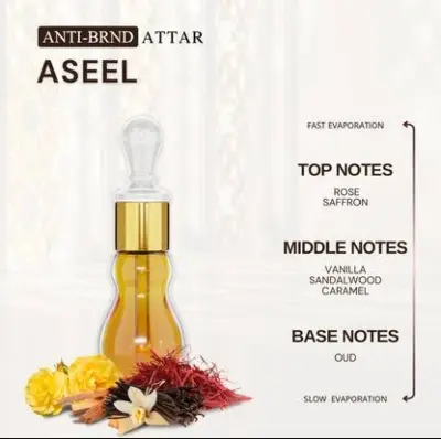 Picture of Aseel, The Perfume of Power and Strength and Elegance 8ml Vanilla, Oud, Woody, Rose, Amber , Vetiver, Saffron, Musk, Sandal Wood, Leather,  Powdery Metallic 