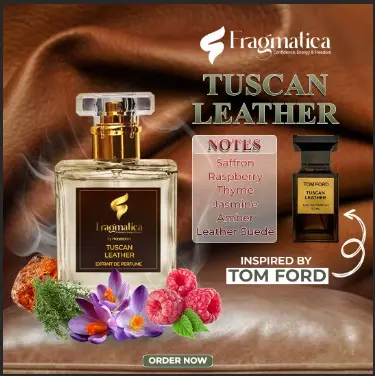 Picture of Fragmtica's Tuscan Leather , For Strong Personality Alpha Man an exceptional fragrance inspired by Tom Ford’s. It is a bold and luxurious scent that embodies power, sophistication, and confidence. With the warmth of leather.,spices and oud (50ml)