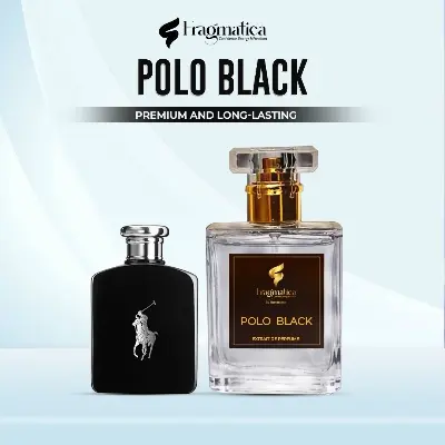 Picture of "Polo Black" Honestime's Fragmatica: Urban Depth -  a modern classic men's scent by Ralph Lauren. Inspired EDP. Discover Zesty Mandarin, Clean Ozone, & Warm Tonka Bean. A Sleek, Alluring & Confident Aroma. (3mg)