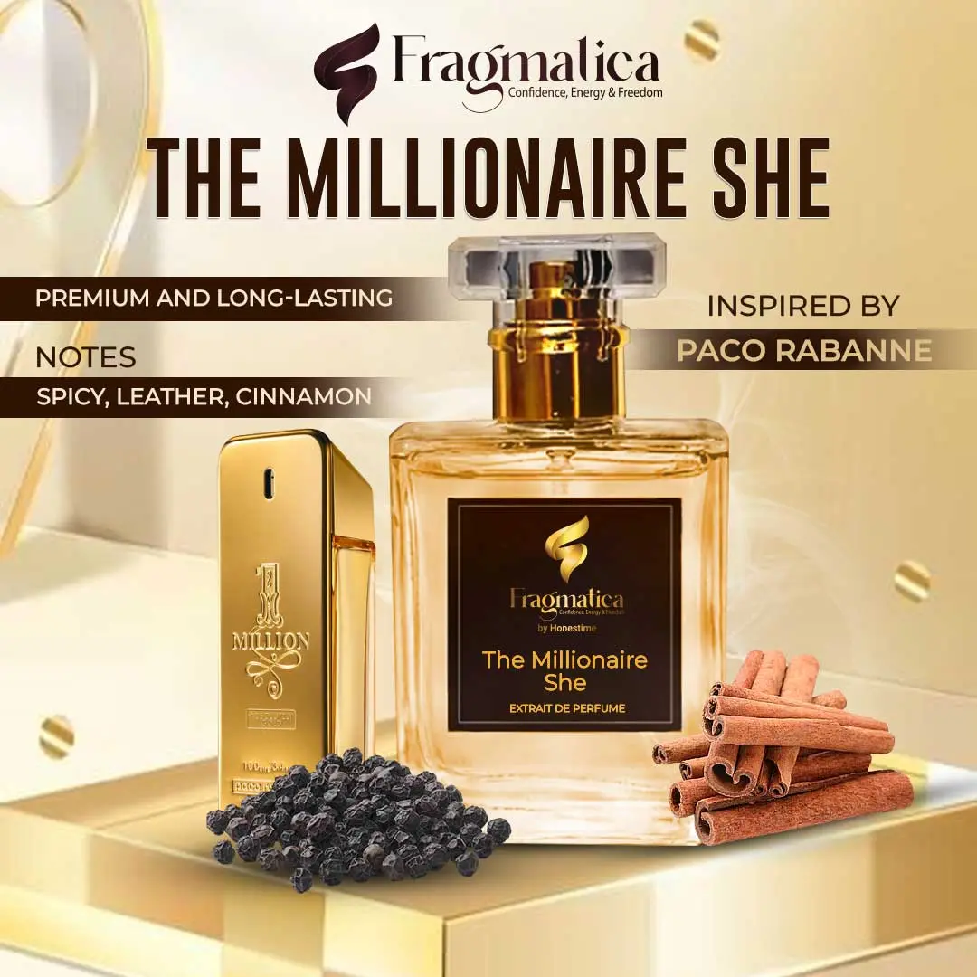 Picture of Fragmatica's Luxurious " The Millionaire Lady  " "Paco Rabanne Lady Million" Inspired EDP. Discover Vibrant Neroli, Intoxicating Gardenia, & Warm Amber. A Confident, Glamorous & Captivating Aroma. Exclusively from Honestime! (3mg,Not Specified)