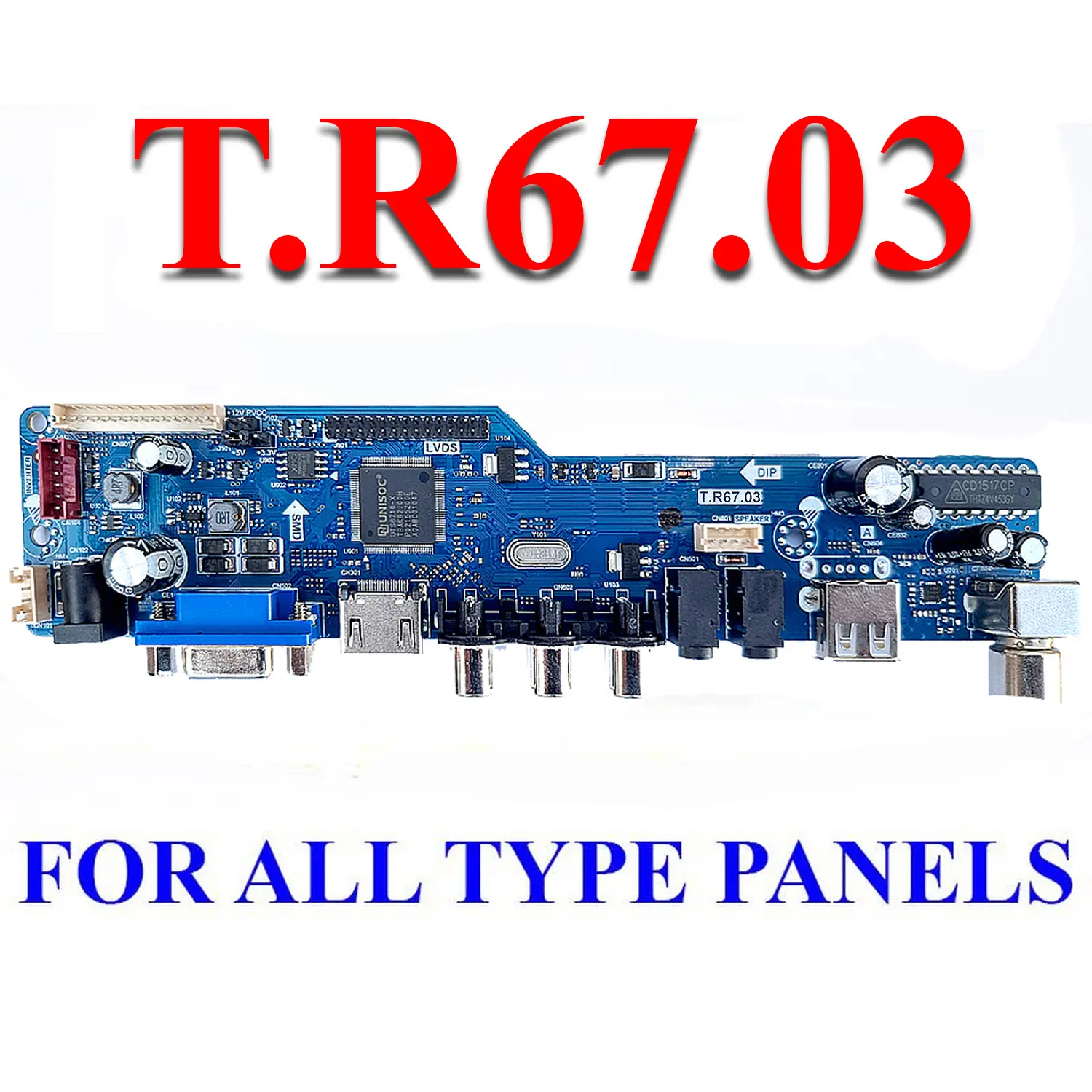 Picture of T.R67.03 Universal LED LCD Motherboard 12V Supply VGA HDMI Input USB Media Player Big DIP Audio Chip Clear OSD Screen Similar DS-V59 V56 CV56XL-L T.V56.03 T.R83.03 