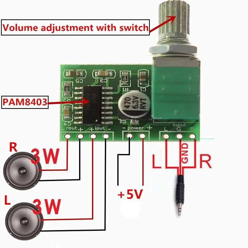 Picture of PAM8403 with Volume Control Audio Amplifier 3W Stereo Class D 