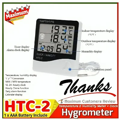 Picture of HTC-2 Thermometer Hygrometer Weather Station Wireless Temperature Humidity Tester Indoor Outdoor Probe Clock Alarm Tool 