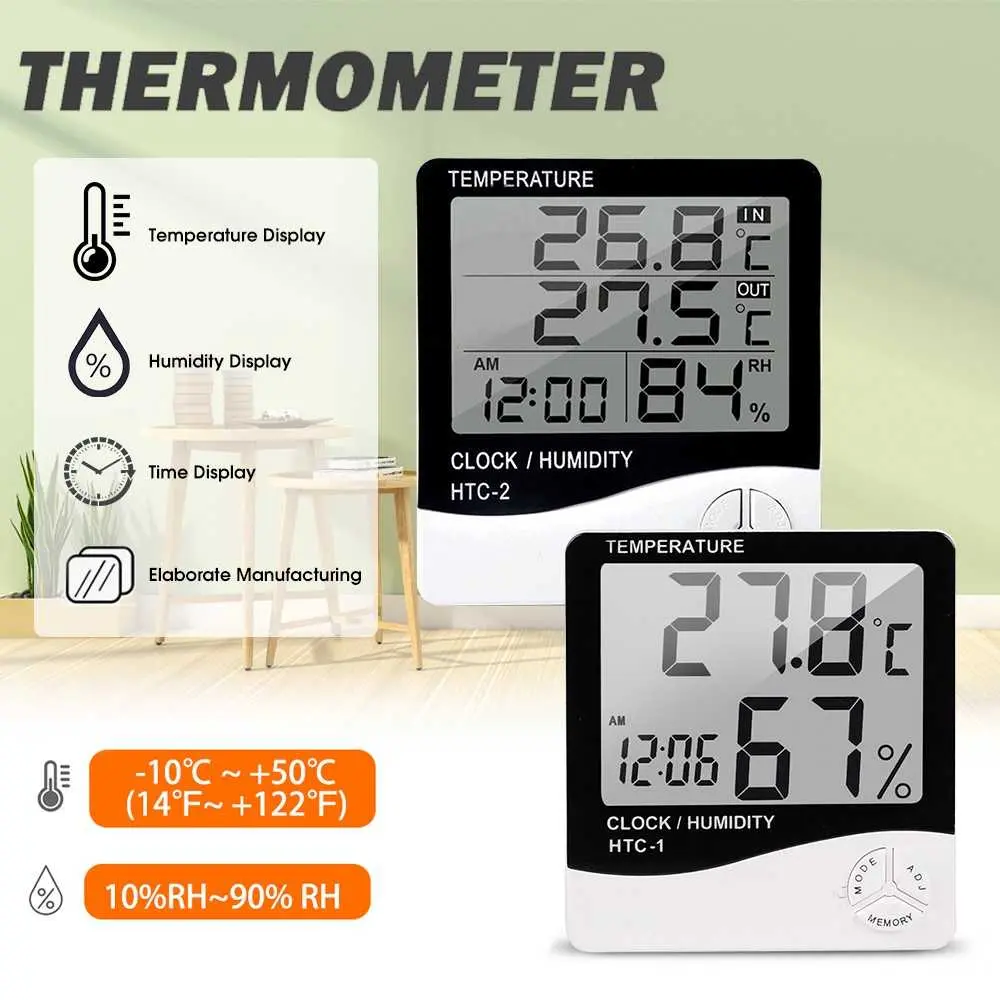 Picture of HTC-2 Thermometer Hygrometer Weather Station Wireless Temperature Humidity Tester Indoor Outdoor Probe Clock Alarm Tool 