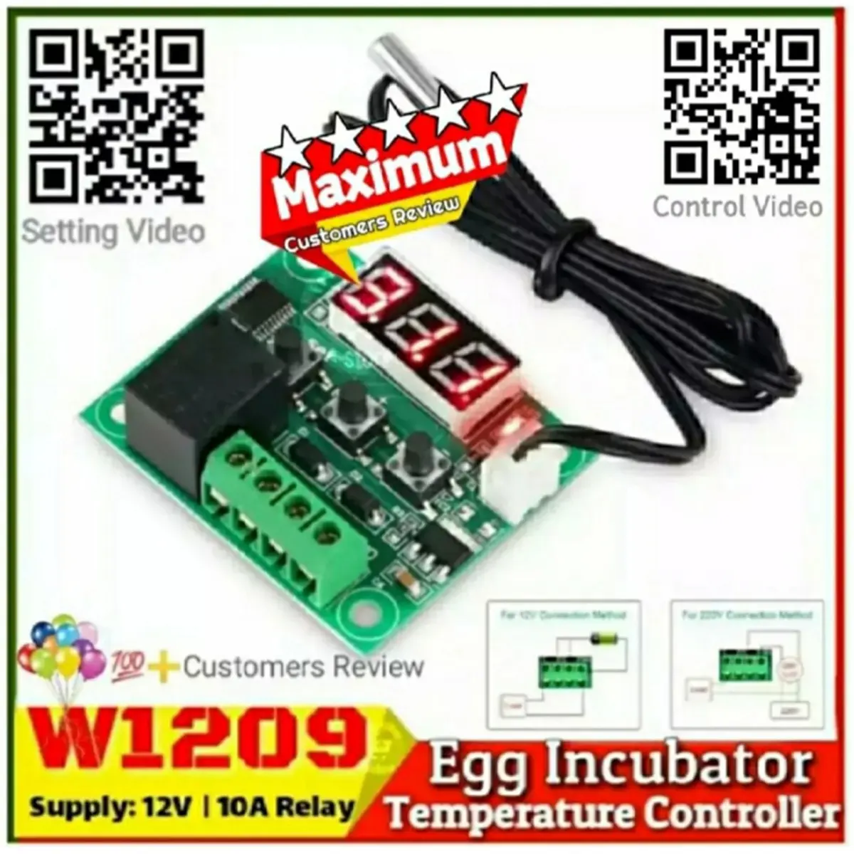 Picture of W1209 Dc 12V Digital Cool/Heat Temp Thermostat Thermometer Temperature Controller On/Off Switch -50Â°C-110Â°C Three Digit Red Led Tube - Multimeter Green