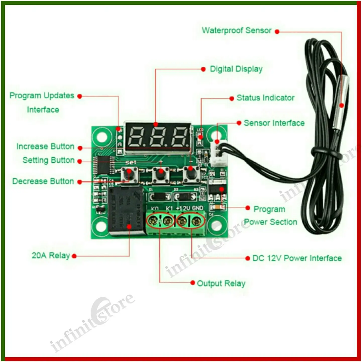 Picture of W1209 Dc 12V Digital Cool/Heat Temp Thermostat Thermometer Temperature Controller On/Off Switch -50Â°C-110Â°C Three Digit Red Led Tube - Multimeter Green
