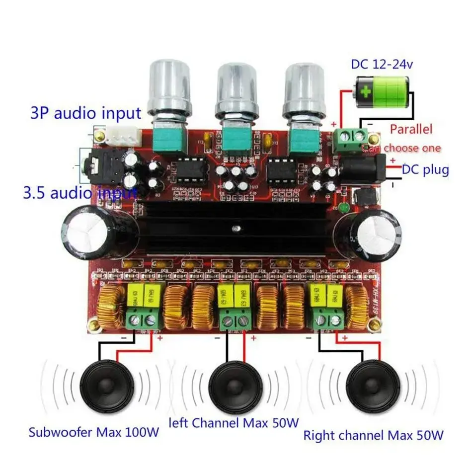 Picture of TPA3116D2 32 Pin 2:1 SubWoofer Stereo Base Tribble 50W+50W:100W Power Amplifier Board 8V-24V SMPS XH-M139 CA-3116P 