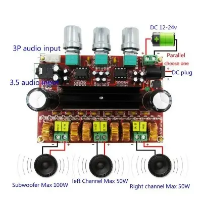Picture of TPA3116D2 32 Pin 2:1 SubWoofer Stereo Base Tribble 50W+50W:100W Power Amplifier Board 8V-24V SMPS XH-M139 CA-3116P 