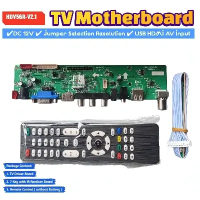 Picture of HDV-56R AS V2.1 Universal LCD LED TV Controller Driver Board Jumper Selection DC 12V Master TV Receiver Board HDV56U-AS TV/PC/VGA/HDMI/USB + 7 Key IR Receiver Board replace T.V56 DS-V59 