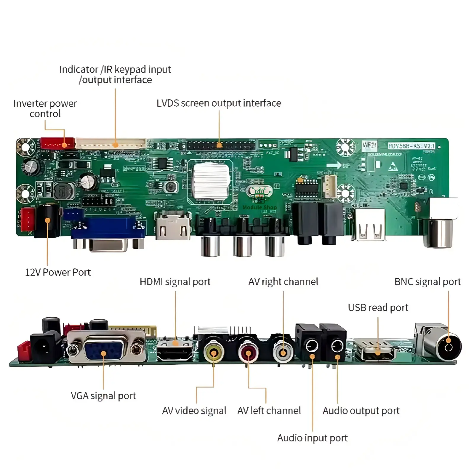 Picture of HDV-56R AS V2.1 Universal LCD LED TV Controller Driver Board Jumper Selection DC 12V Master TV Receiver Board HDV56U-AS TV/PC/VGA/HDMI/USB + 7 Key IR Receiver Board replace T.V56 DS-V59 