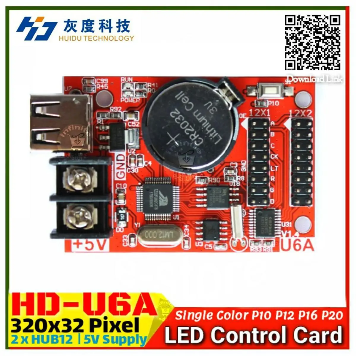 Picture of HD-U6A USB Port 32*320 pixels Single /double color LED Control Card Asynchronous Controller max 20pcs P10 display module support 