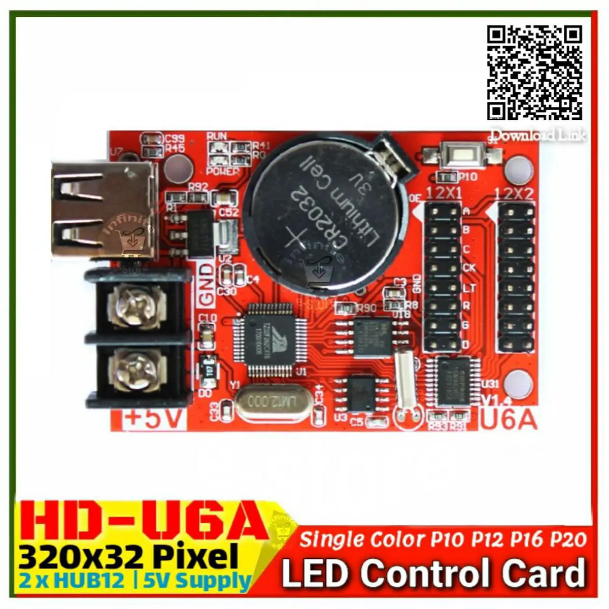 Picture of HD-U6A USB Port 32*320 pixels Single /double color LED Control Card Asynchronous Controller max 20pcs P10 display module support 