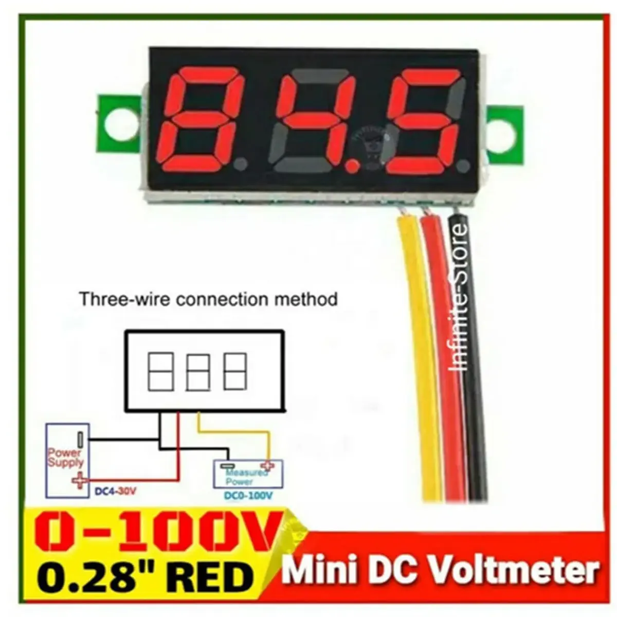 Picture of Mini Digital DC Voltmeter Meter Volt Tester Detector Monitor 2 Wire 3 Bit Red LED tube for DC UPS IPS Battery Tester ATS etc Red