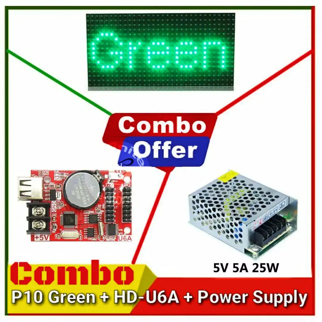 Picture of P10 Red Green White LED module DIP 32*16 + HD-U6A Led Controller + 5V A Power Supply Combo Package for Single color LED display Scrolling message led sign Digital Clock 