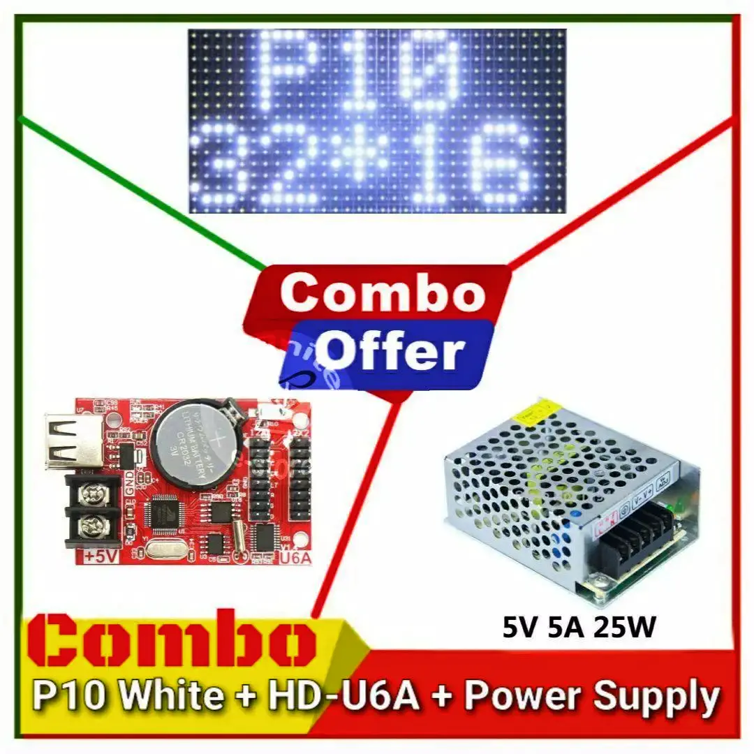 Picture of P10 Red Green White LED module DIP 32*16 + HD-U6A Led Controller + 5V A Power Supply Combo Package for Single color LED display Scrolling message led sign Digital Clock 