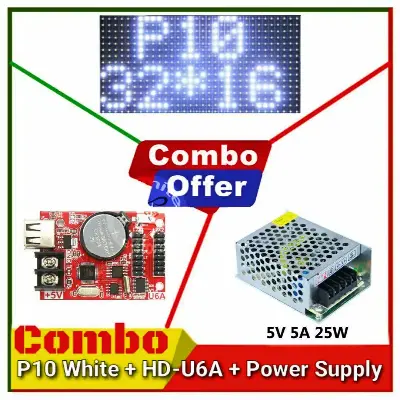 Picture of P10 Red Green White LED module DIP 32*16 + HD-U6A Led Controller + 5V A Power Supply Combo Package for Single color LED display Scrolling message led sign Digital Clock 