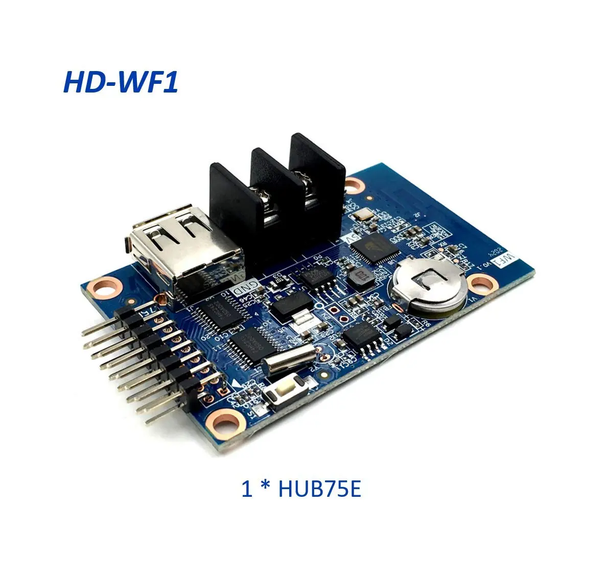 Picture of HD-WF1 WiFi+ USB asynchronous 7 color led control card 40K Point 32x1280 16x1280 pixels for P5 P6 P10 P12 Color 32x32 32x16 display led sign controller with 2x hub75 port using 5V 5A Power Supply Red