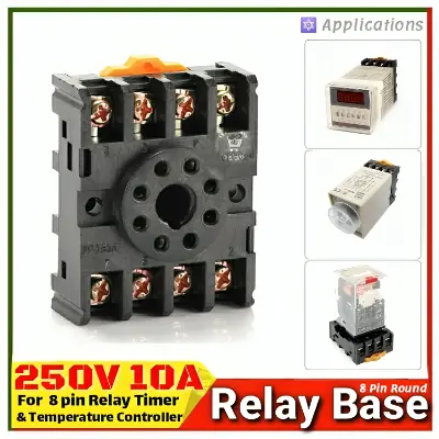 Picture of DIN Rail Mounted 8 Round Pins Relay Holder Socket 8 Pin Reay Base 2-M4X20 for MK2P-I AH2-Y For Omron Finder 8 pin Relay Temperature and Timers 8 Pin Round Base