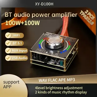 Picture of XY-D100H Hifi Level 100W+100W Stereo Bluetooth Digital Amplifier Board Tpa3116 Module Power Amplifier Board Supports App Similar ZK-MT21 ZK-502L ZK-502MT ZK-TB21 Black