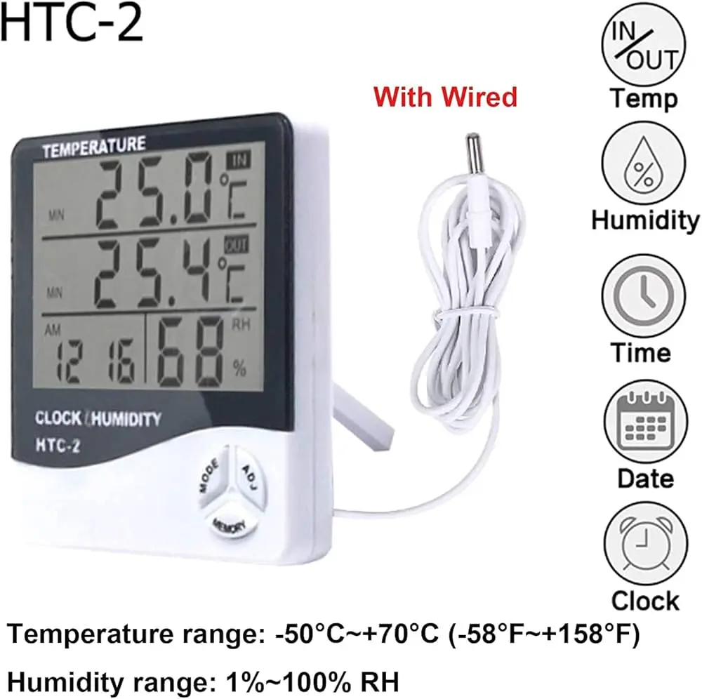 Picture of HTC-2 Digital LCD Thermometer Hygrometer Electronic Temperature Humidity Meter Weather Station Indoor Outdoor Tester Alarm Clock HTC 2 Hygrometer replace HTC-2 HTC-2A Black & White