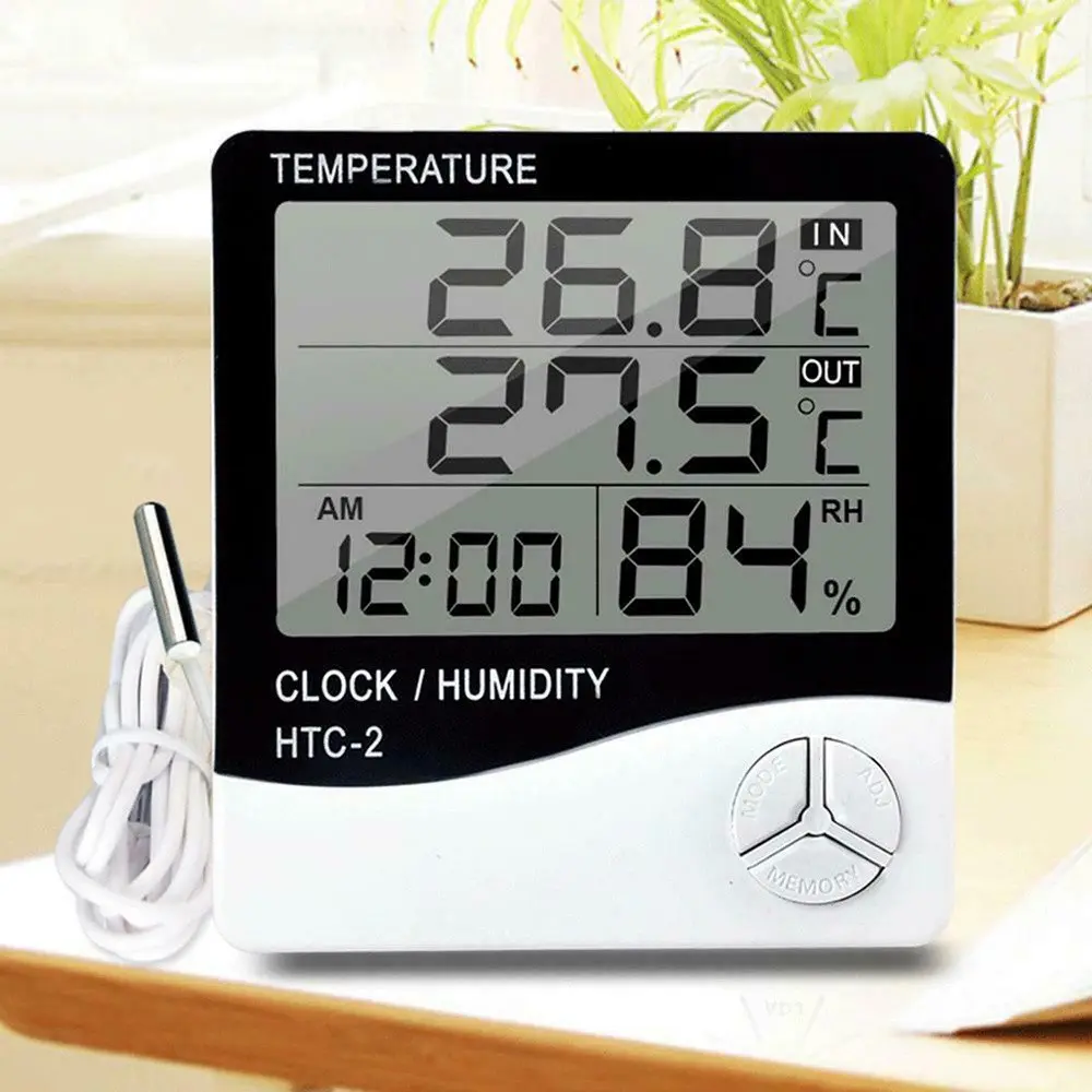 Picture of HTC-2 Digital LCD Thermometer Hygrometer Electronic Temperature Humidity Meter Weather Station Indoor Outdoor Tester Alarm Clock HTC 2 Hygrometer replace HTC-2 HTC-2A Black & White