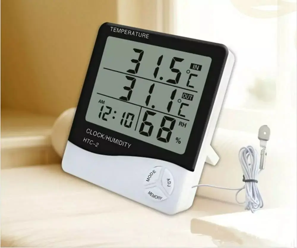 Picture of HTC-2 Digital LCD Thermometer Hygrometer Electronic Temperature Humidity Meter Weather Station Indoor Outdoor Tester Alarm Clock HTC 2 Hygrometer replace HTC-2 HTC-2A Black & White