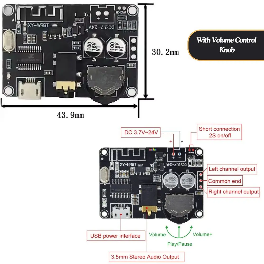 Picture of Bluetooth 5.0 Decoder Stereo mp3 lossless Receiver Board Micro USB Type C Power 3.5mm Audio Output XY-WRBT 