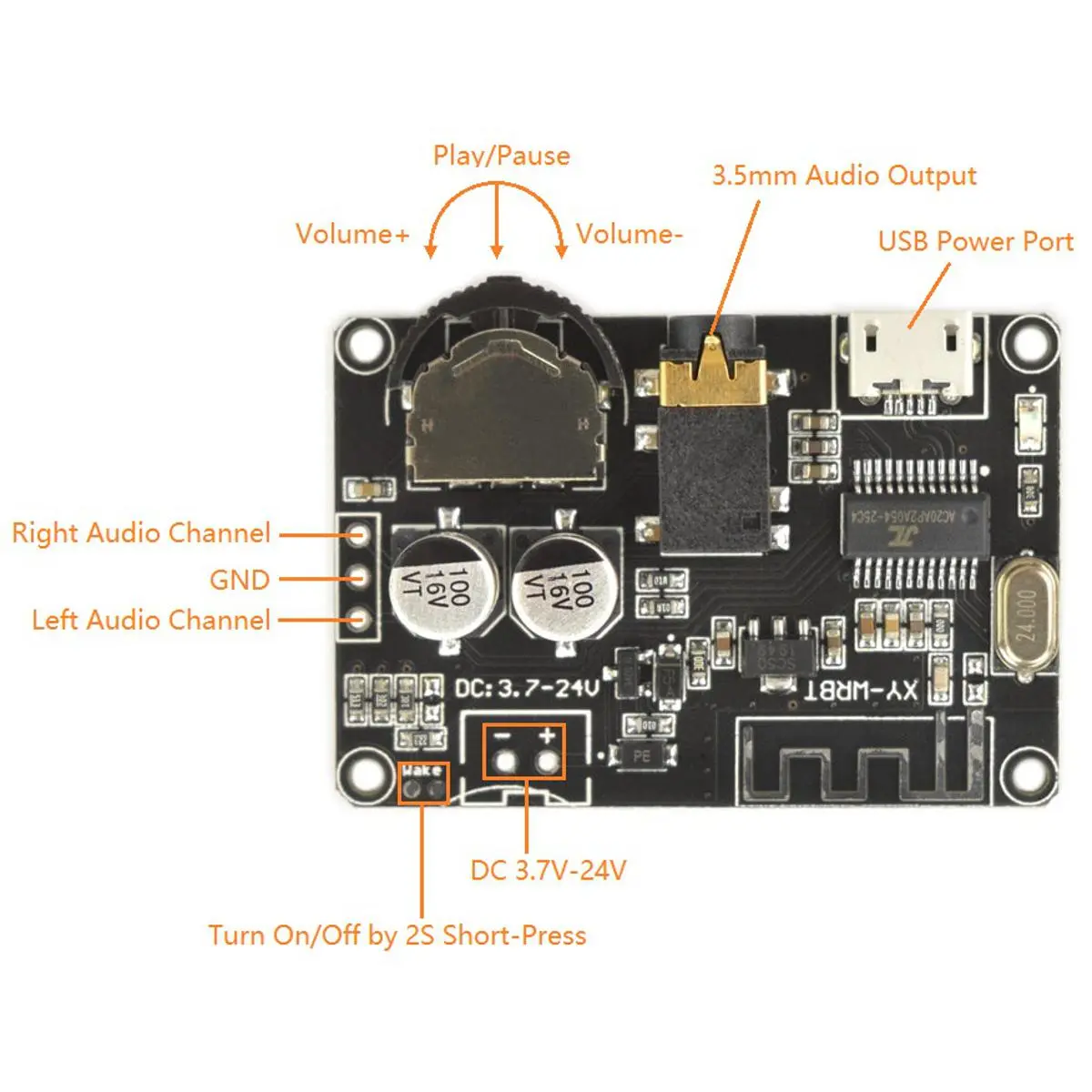 Picture of Bluetooth 5.0 Decoder Stereo mp3 lossless Receiver Board Micro USB Type C Power 3.5mm Audio Output XY-WRBT 