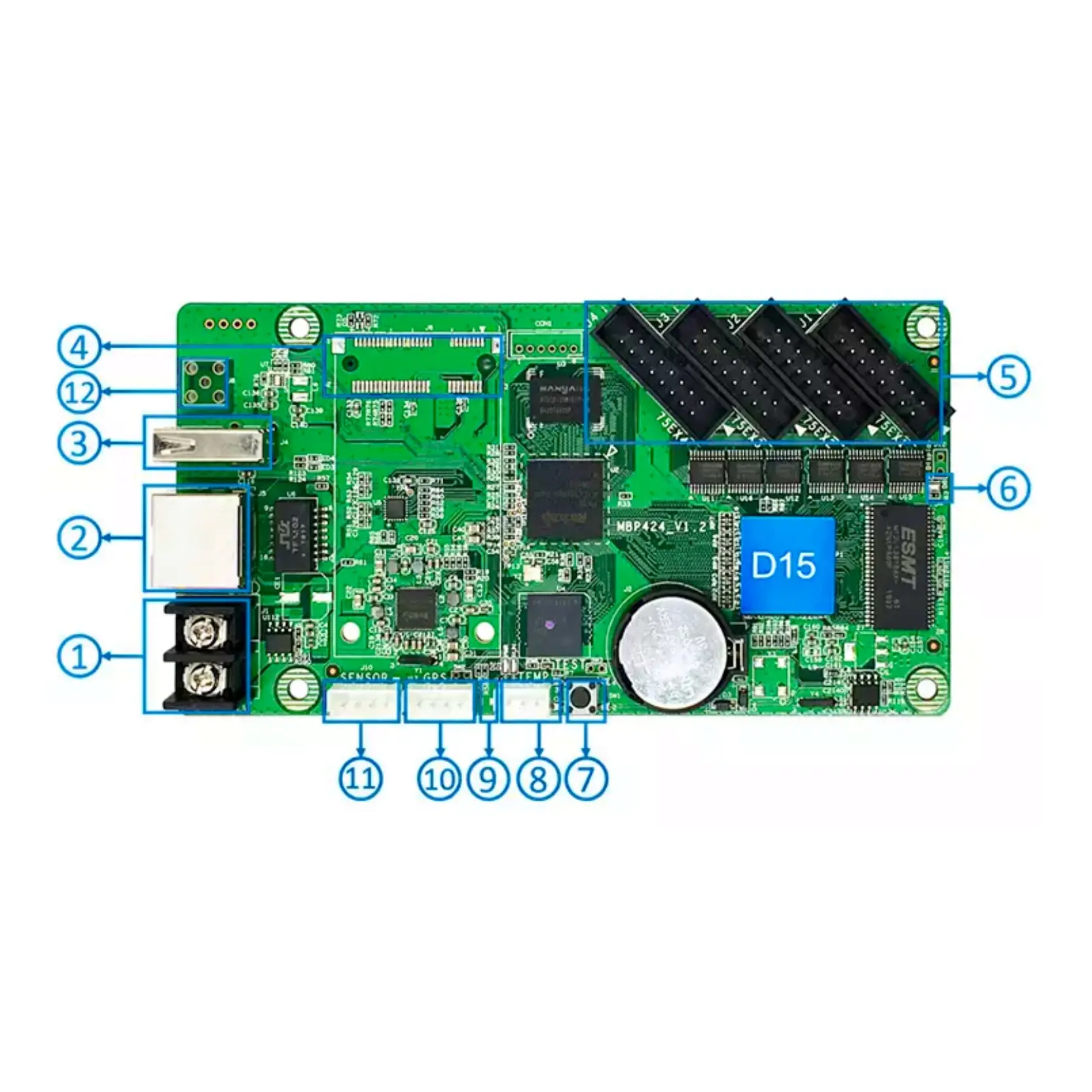 Picture of LED Display Control Card Huidu HD-D15 High performance strip video screen controller 4GB Program Memory 720p Video Play Huidu HD-D15 Attractive Graphic Animation Control range 640x64 support p2 p2.5 P3 P6 rgb full color Green