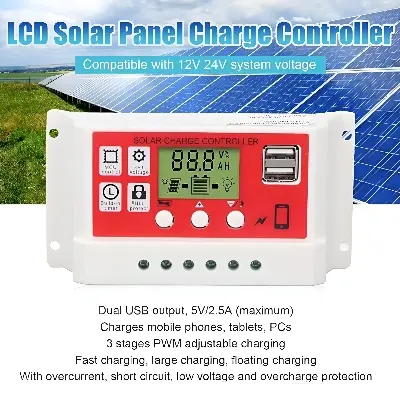 Picture of Solar Charge Controller 12V 24V 10A 20A Dual Usb Function Auto Output Regulator Pv Home Battery Charger Lcd Display Digital Pwm Charge Controller 10A 20A Charging And Output - Multimeter 