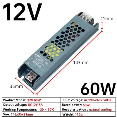 Picture of 12V 5A 60W SMPS Power Supply lighting Transformer For Tec1-12706 775 Motor 775 Water Pump LED Strip light CCTV Camera W1209 XH-M452 