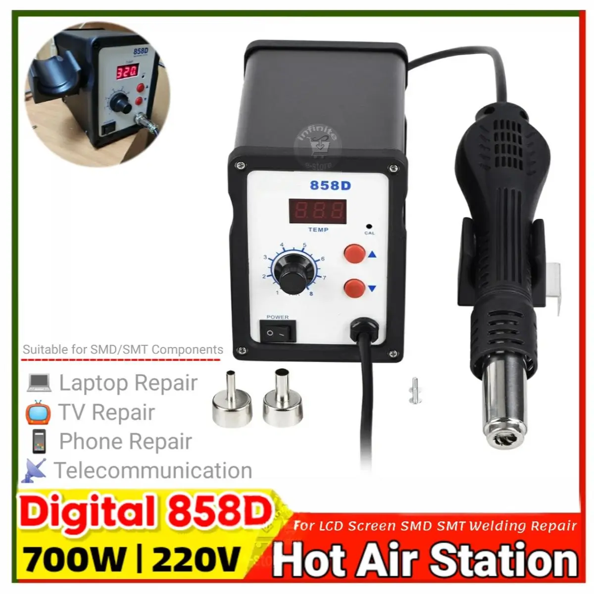 Picture of 858D SMD Brushless Heat Gun Hot Air Rework Soldering Station 700W 220V Multifunction SMD/SMT Rework station with LED Temperature Display replace BK-858A 878D 878D+ 