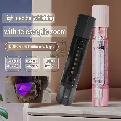 Picture of Multifunctional Powerful LED Torch High-Intensity Flashlight with Telescopic Zoom USB Rechargeable Portable Flashing Brigantines Control Red Blue Traffic Signal Functionfor Home Use, Emergency Use and Students 