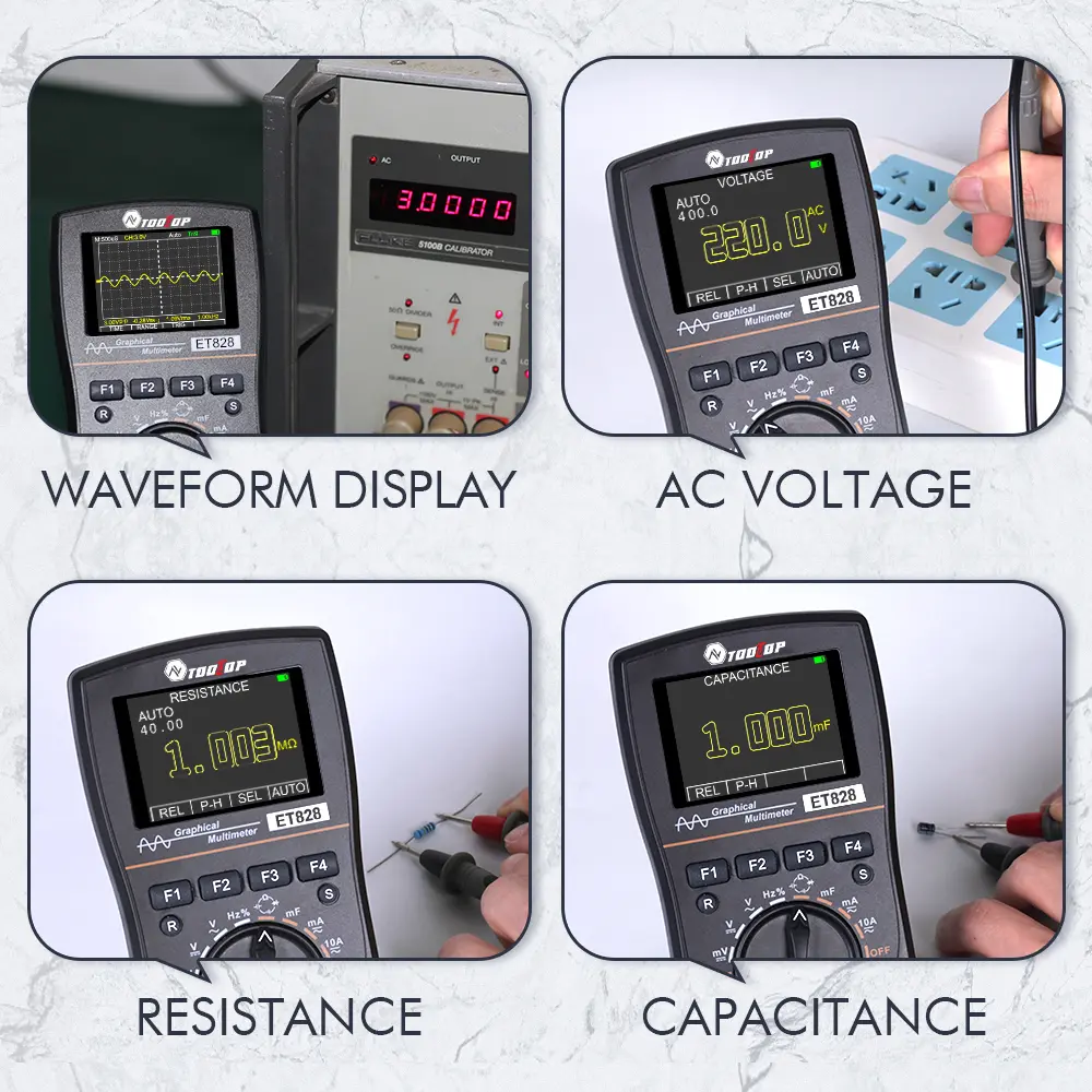 Picture of Digital Oscilloscope Multimeter Current Voltage Capacitance Resistance Frequency Tester Analog Bar Graph Data Waveform Display 20KHZ Bandwidth Auto Range Backlight ET828 