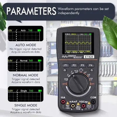 Picture of Digital Oscilloscope Multimeter Current Voltage Capacitance Resistance Frequency Tester Analog Bar Graph Data Waveform Display 20KHZ Bandwidth Auto Range Backlight ET828 