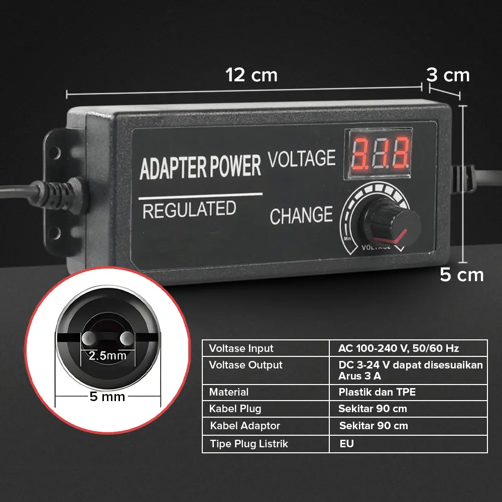 Picture of Adjustable DC 24V 3A Power Adapter with LED Voltmeter 775 Motor Power Supply AC 220V to DC 3V-24V Lighting Power Supply for LED Light RS775 775 DC Motor Audio Amplifier Black