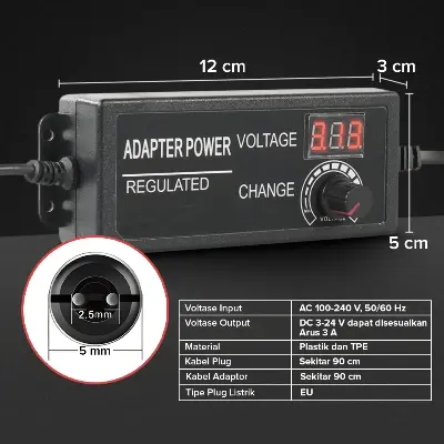 Picture of Adjustable DC 24V 3A Power Adapter with LED Voltmeter 775 Motor Power Supply AC 220V to DC 3V-24V Lighting Power Supply for LED Light RS775 775 DC Motor Audio Amplifier Black