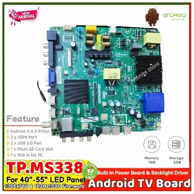 Picture of TP.MS338.PB822 1GB Ram 8GB Rom Android smart TV three in one network motherboard Quad Core Processor built in Power Board LED Inverter ZSY-TP. ATM20. PB819 Replace 32-42  smart Tv HD and Full HD Firmware 