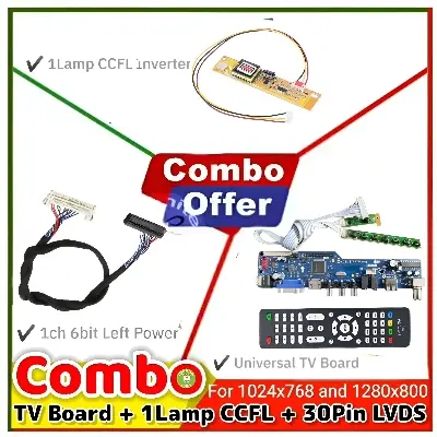 Picture of TV Combo Pack For 30 pin 1mm 1280x800 Resolution Laptop LCD Panel Display Include Driver Board + 1 Lamp CCFL Inverter + 1CH 6bit 30Pin left LVDS Cable + IR Key Board + Remote 