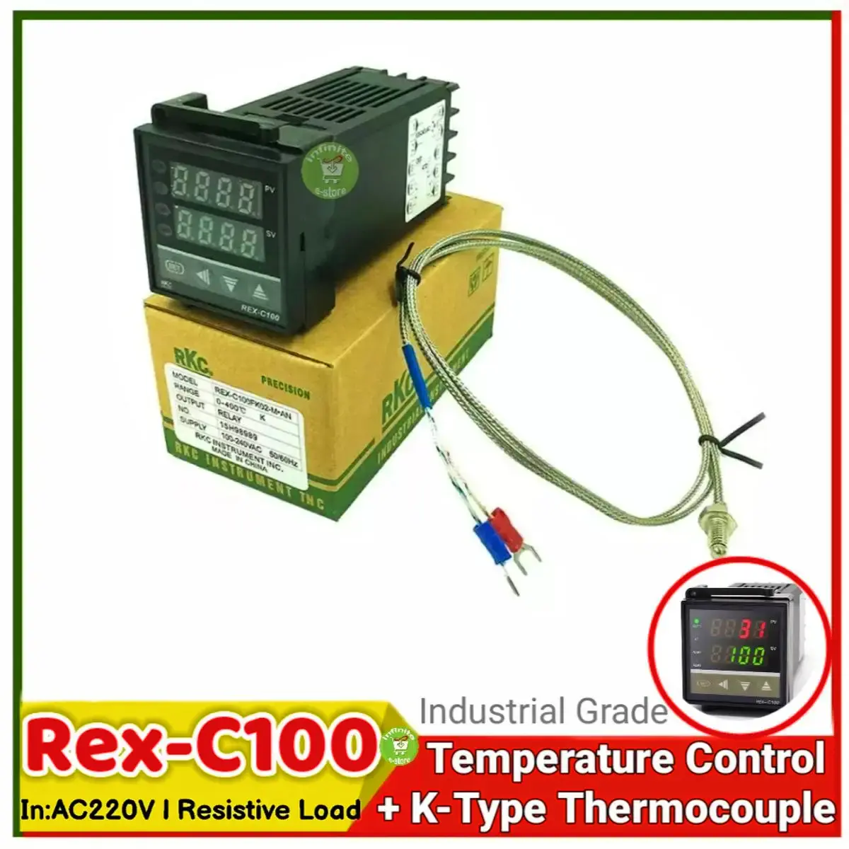 Picture of Dual Digital RKC PID Temperature Controller REX-C100 with Sensor Thermocouple K, Relay Output 48x48mm 