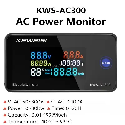 Picture of AC 30Kw 50~300V 0~100A 45~65Hz Digital AC Volt Current Capacity Time Temperature Power Energy Monitor Meters Tester Detector 