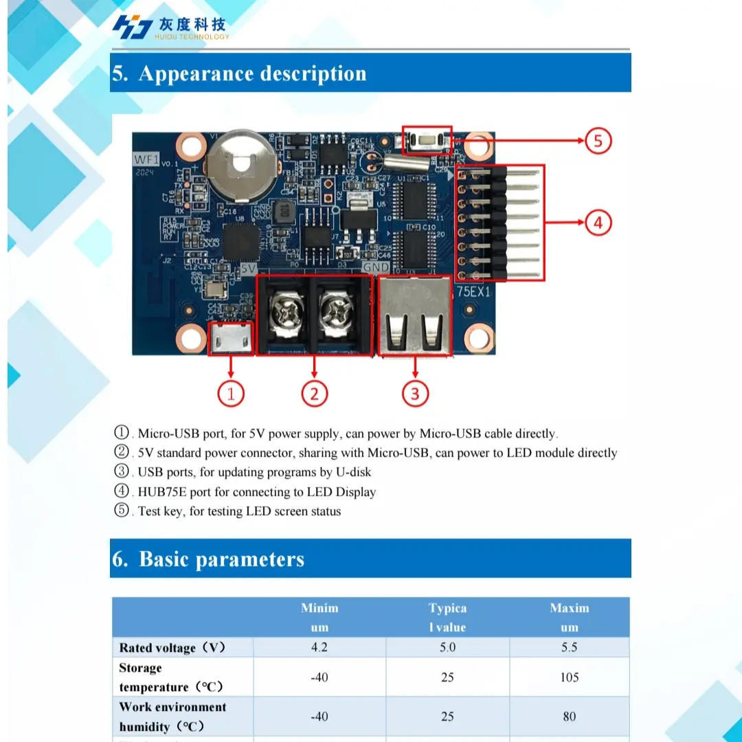 Picture of Huidu HD-WF1 Asynchronous USB + wifi Full Color Led Control Card With hub75 Port For P3 P3 P5 P6 P10 RGB LED Panel Repalce HD-U60-75 HD-W60-75 HD-U6A HD-WF1