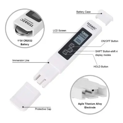 Picture of Digital TDS EC Handheld TDS Meter With Carrying Case, 0 - 9990 ppm TDS Measurement Range, 1 ppm Resolution, +/- 2% Readout Accuracy Measuring Water Quality Purity 