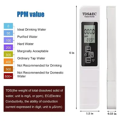 Picture of Digital TDS EC Handheld TDS Meter With Carrying Case, 0 - 9990 ppm TDS Measurement Range, 1 ppm Resolution, +/- 2% Readout Accuracy Measuring Water Quality Purity 