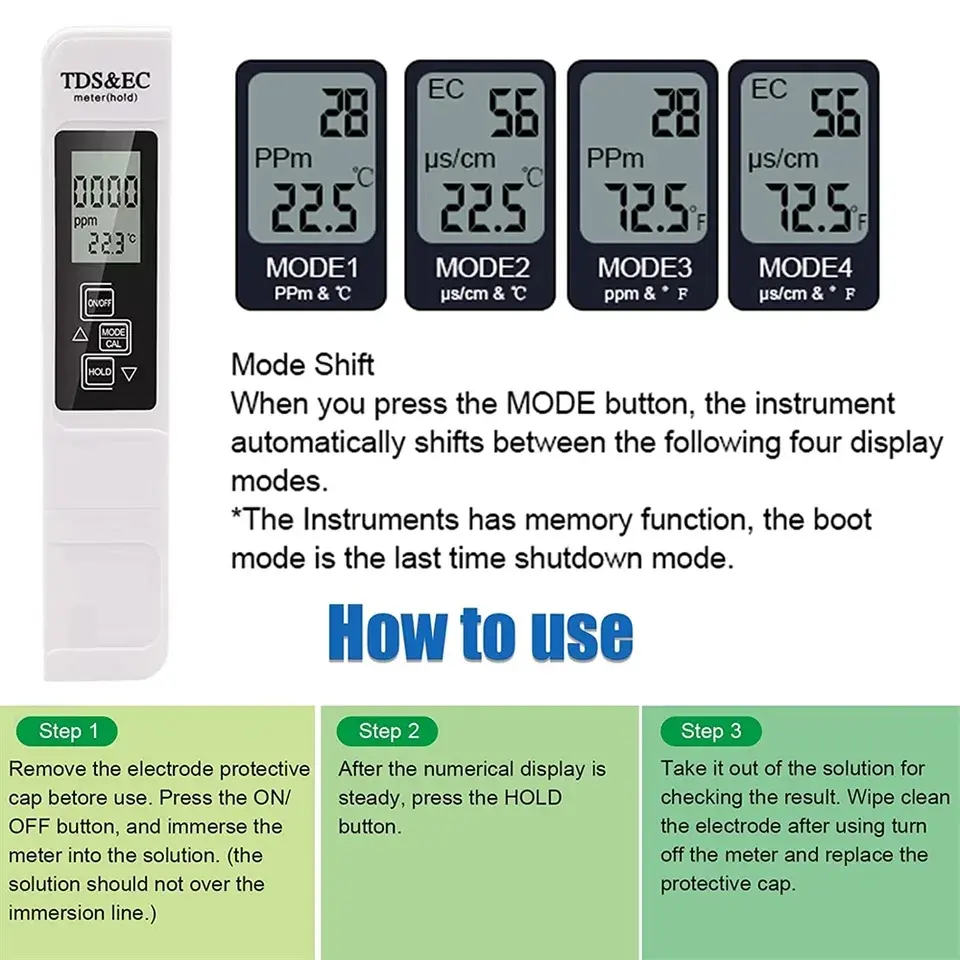 Picture of Digital TDS EC Handheld TDS Meter With Carrying Case, 0 - 9990 ppm TDS Measurement Range, 1 ppm Resolution, +/- 2% Readout Accuracy Measuring Water Quality Purity 